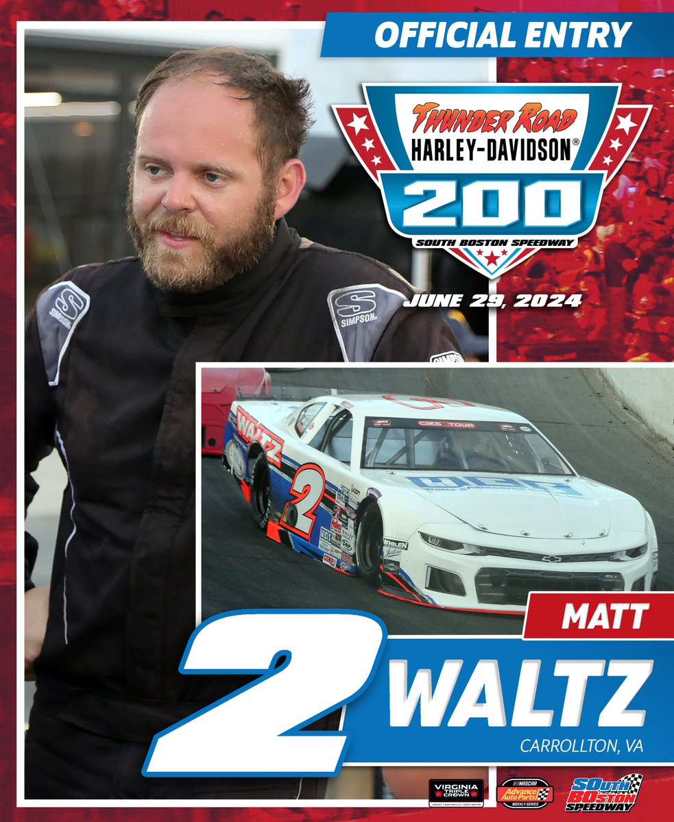 Hey <a href="/MattWaltz02/">Matt Waltz</a>, 𝗟𝗘𝗧'𝗦 𝗗𝗔𝗡𝗖𝗘! 🕺

The Carrollton, VA driver is officially racing in the Thunder Road Harley-Davidson 200 after a great effort with us last weekend and a P4 with the <a href="/CARSTour/">CARS Tour</a> at <a href="/LangleySpeedway/">Langley Speedway</a>!

Get your tickets 🎟️: southbostonspeedway.com/trhd200