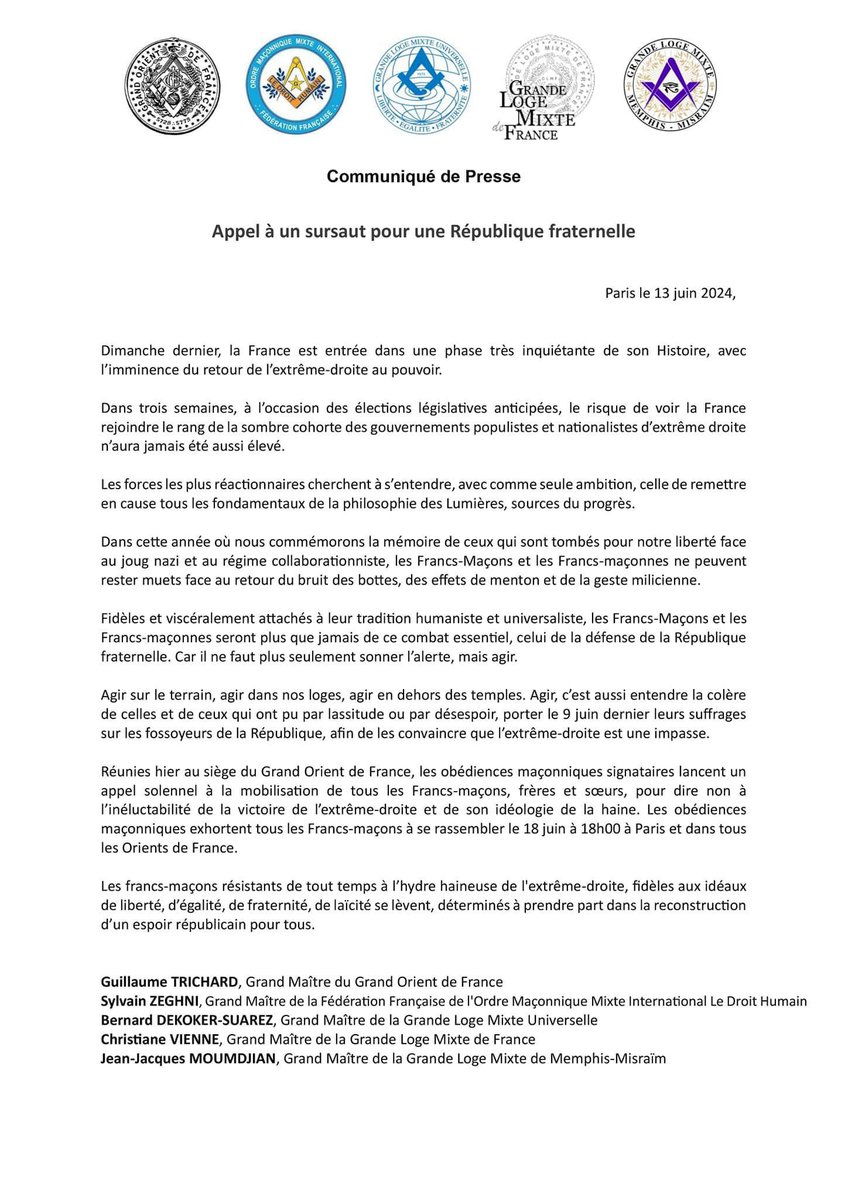 LeDROITHUMAIN_F's tweet photo. La Fédération française du Droit Humain signe un appel à un sursaut pour une République fraternelle avec le @GrandorientGODF, la @grandelogemixte, la Grande Loge Mixte Universelle et la Grande Loge Mixte Memphis-Misraim. https://t.co/uyjK4wDx9J