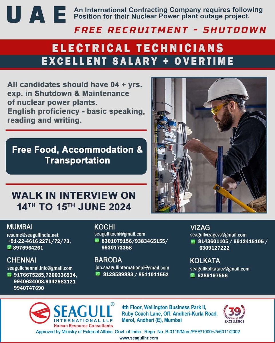 hrd1_seagull's tweet image. 🇦🇪UAE Jobs 
✔Free Recruitment - Shut Down Project
📝Walk In Interview On 14th &amp;amp; 15th June 2024
📍Location- Mumbai , Kochi , Vizag , Chennai , Baroda &amp;amp; Kolkata 
.
.
.
#uaejobs #seagull #electricaltechnicians #technicians