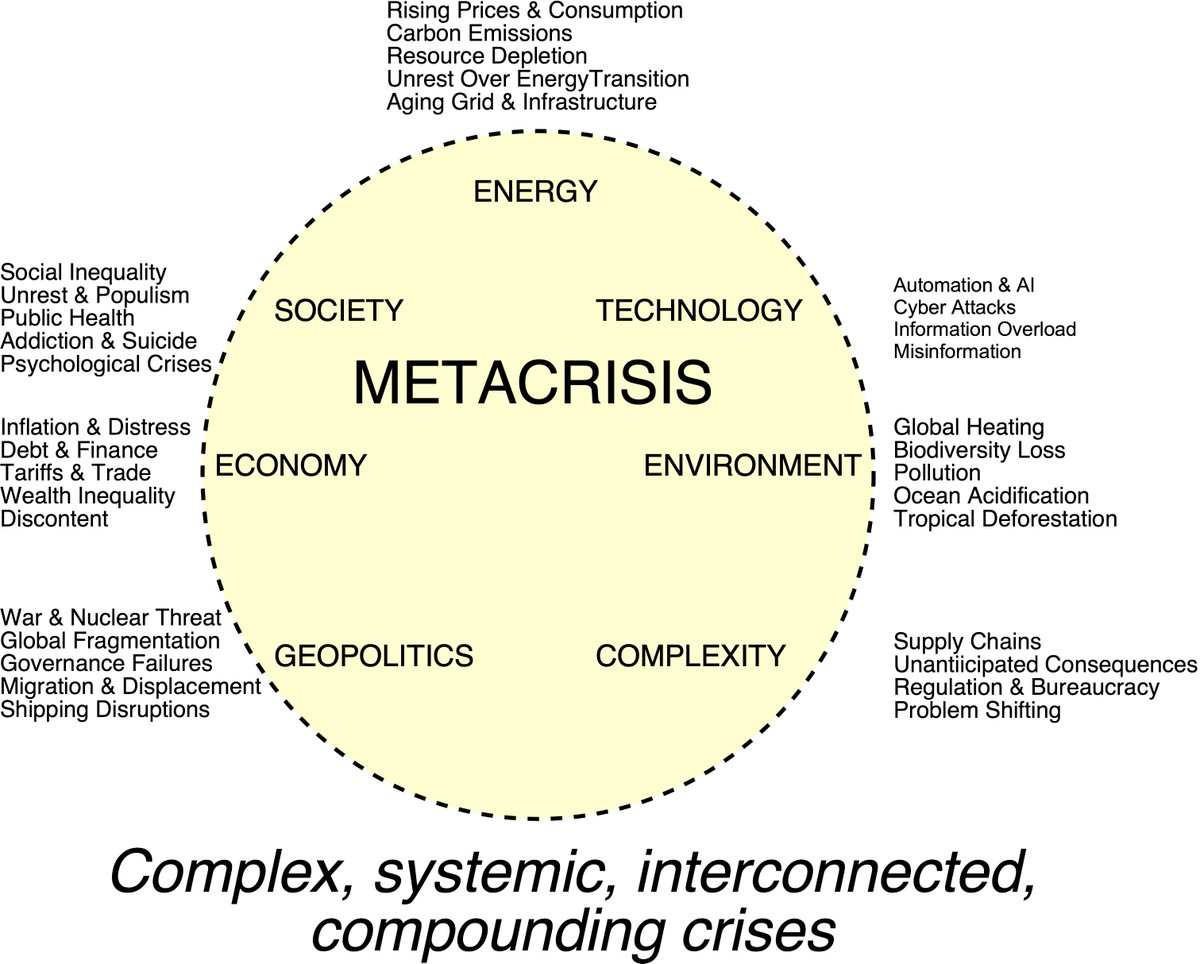 aeberman12's tweet image. What is the Metacrisis?

It is a web of complex, systemic, interconnected, 
compounding crises

#energy #EnergyTransition #ClimateActionNow #renewables #NetZero #EnergyStorage #ClimateCrisis #ClimateAction #GlobalWarming