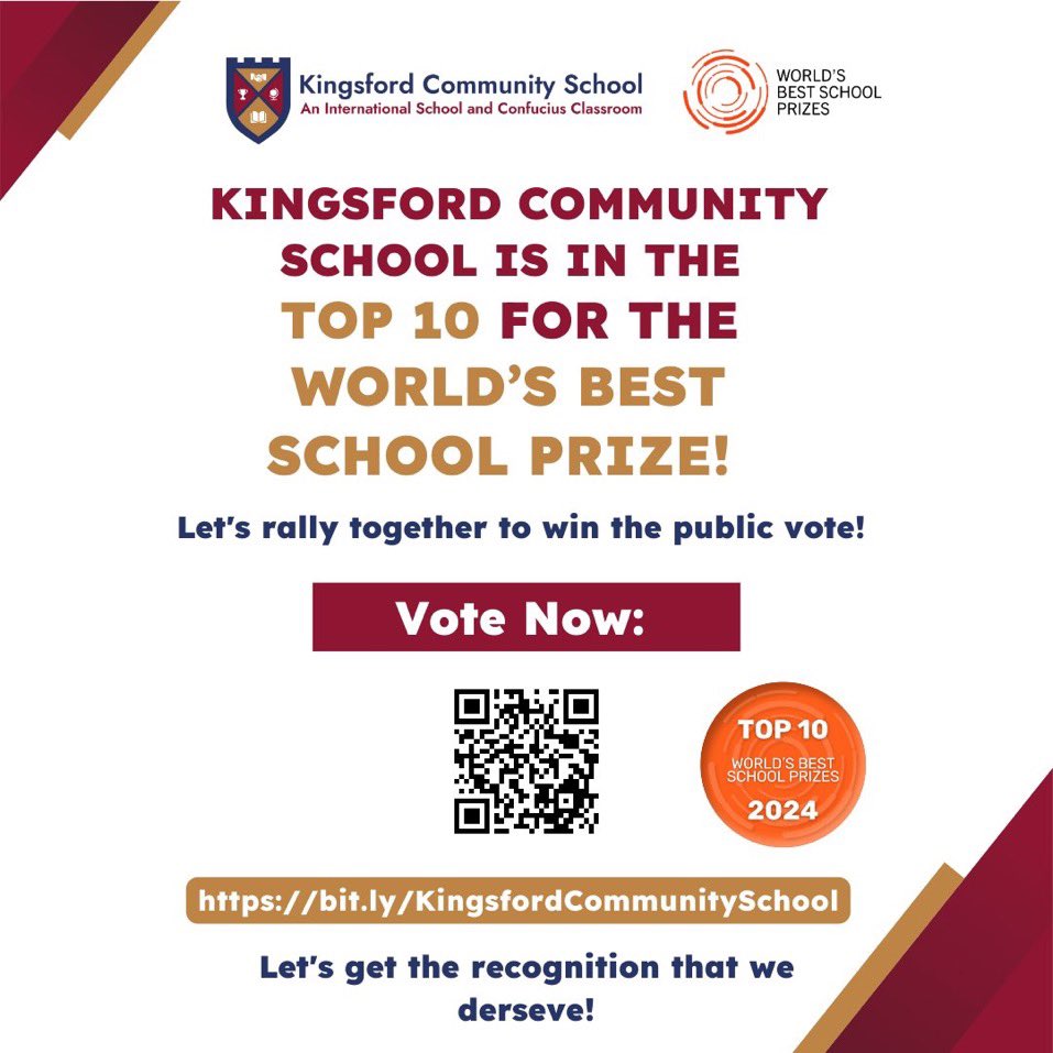 Exciting news! Kingsford Community School is in the top 10 shortlist for the World’s Best School prize! Help us win the public vote in recognition of us giving young people the best opportunities by voting here: worldsbestschool2.us.launchpad6.com/public-vote-20…  👊🏾