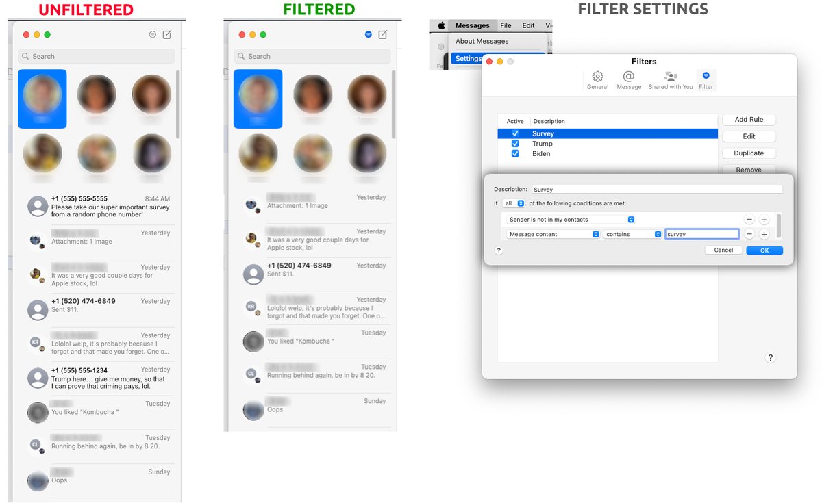 zedzd3d's tweet photo. @tim_cook iOS 18 dev beta is here and still no Messages filtering capability? 😿

It would be so, so useful in this election season of endless text spam from random numbers. https://t.co/S8OBOWuXCc
