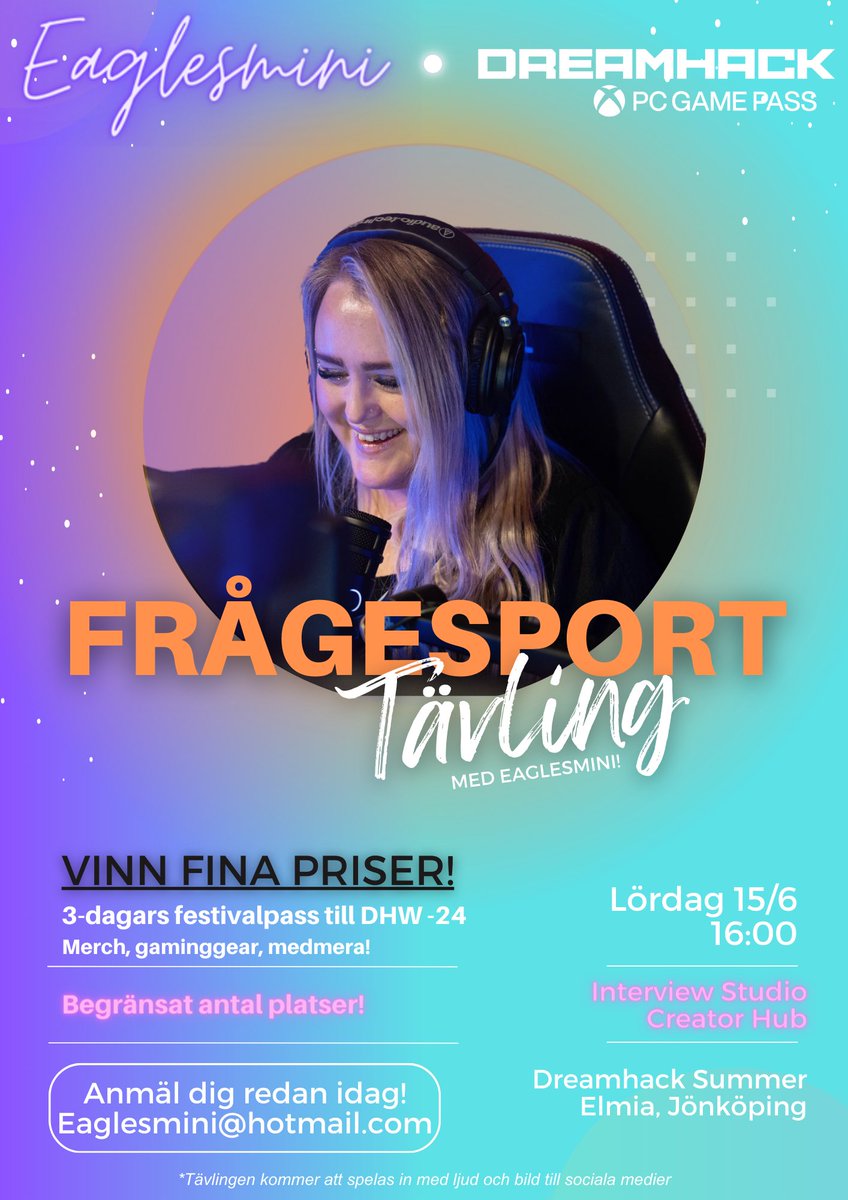 Frågesport/Quiz lördag kl 16.00 inne på Dreamhack creator hub! Fina priser! Maila mig på eaglesmini@hotmail.com om du vill vara med 💖