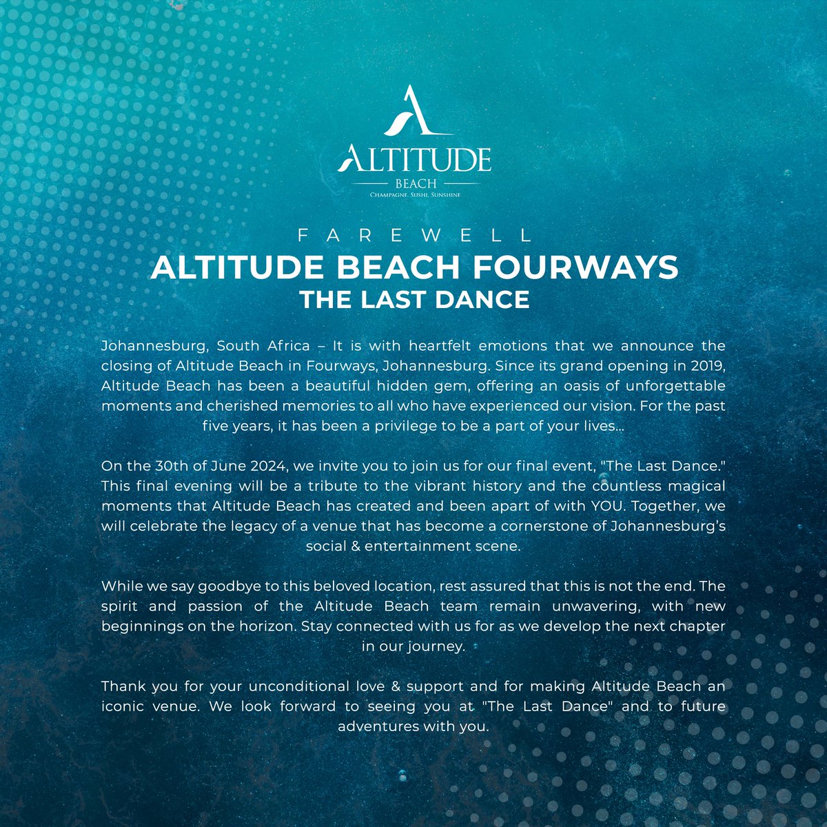 The Last Dance 🪩 : Join us on Sunday the 30th of June as we pay homage to the countless magical moments that we have created and been apart of with YOU! ❤️🌊 ~ altitudebeach.co.za