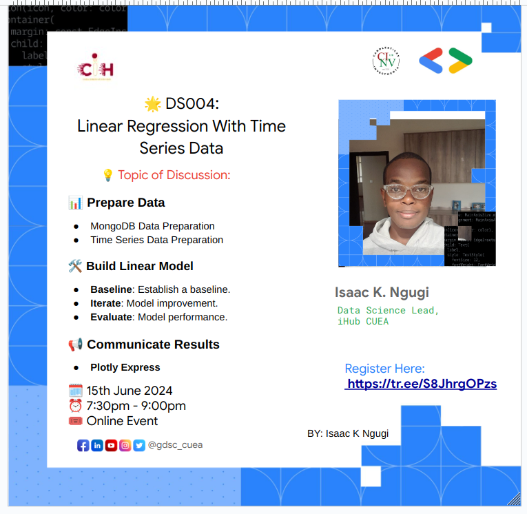 🌟 DS004: Linear Regression With Time Series Data

🗓️ 15th June 2024 
⏰ 7:30pm - 9:00pm 
🎟️ Online Event
🔗: tr.ee/S8JhrgOPzs

#datascience #machinelearning #data #linearregression