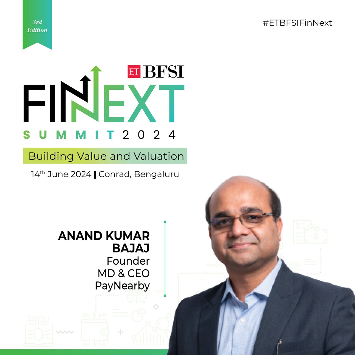 ETBFSI's tweet photo. Welcome Anand Kumar Bajaj, Founder, MD & CEO of @PayNearby, to the ETBFSI Finnext Summit in Bengaluru! 🚀
Stay tuned for an inspiring session!
Know more- https://t.co/yAAJarmflt
#ETBFSI #ETBFSIFINNEXT #FINNEXT #Fintech #DigitalLending #InsuranceTech https://t.co/6ZwGwqdmsU