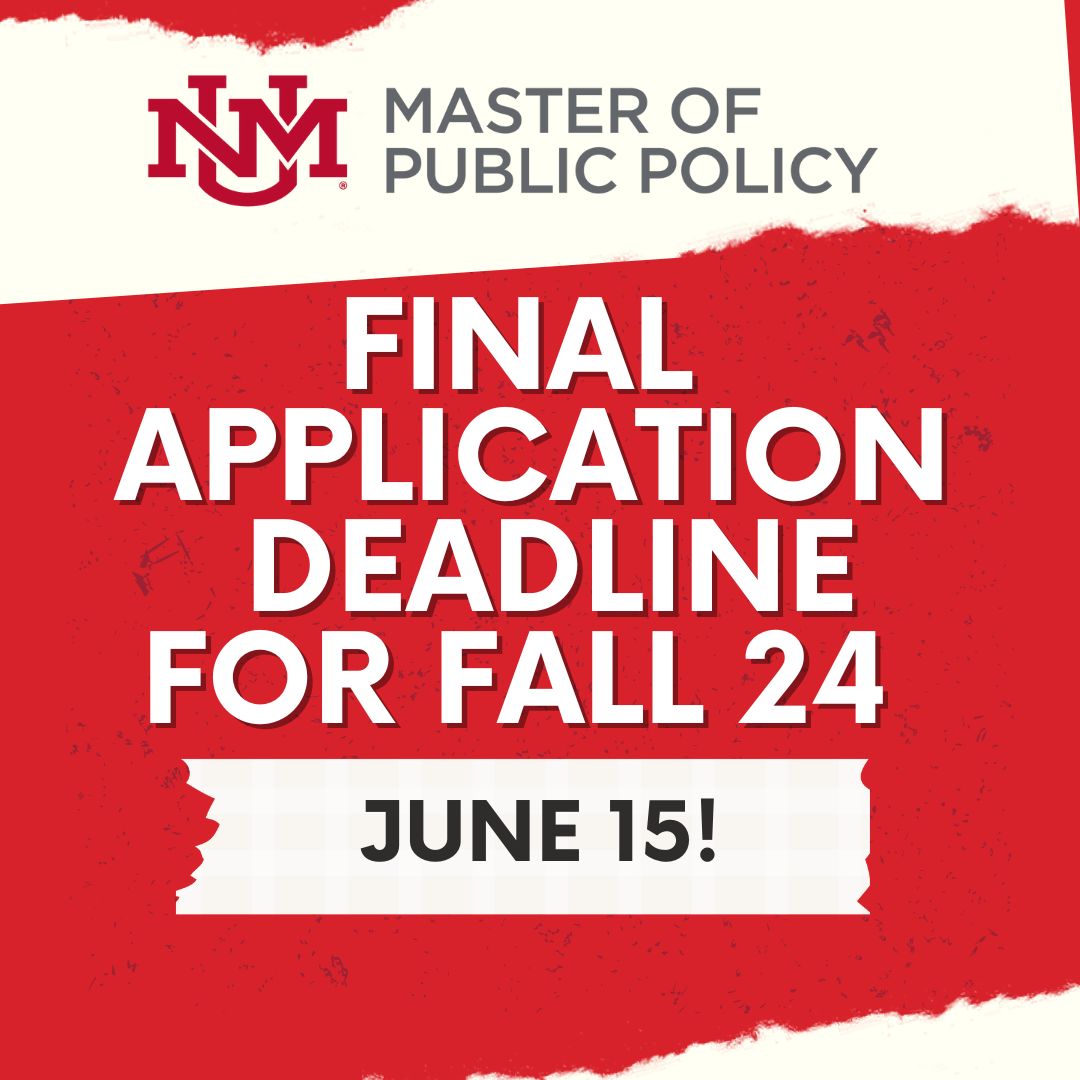 MPP_UNM's tweet photo. Two days left! Learn more and apply at https://t.co/UOPLxoFKVv 
#masterofpublicpolicy #newmexico #policy https://t.co/X3OKVbpjc8