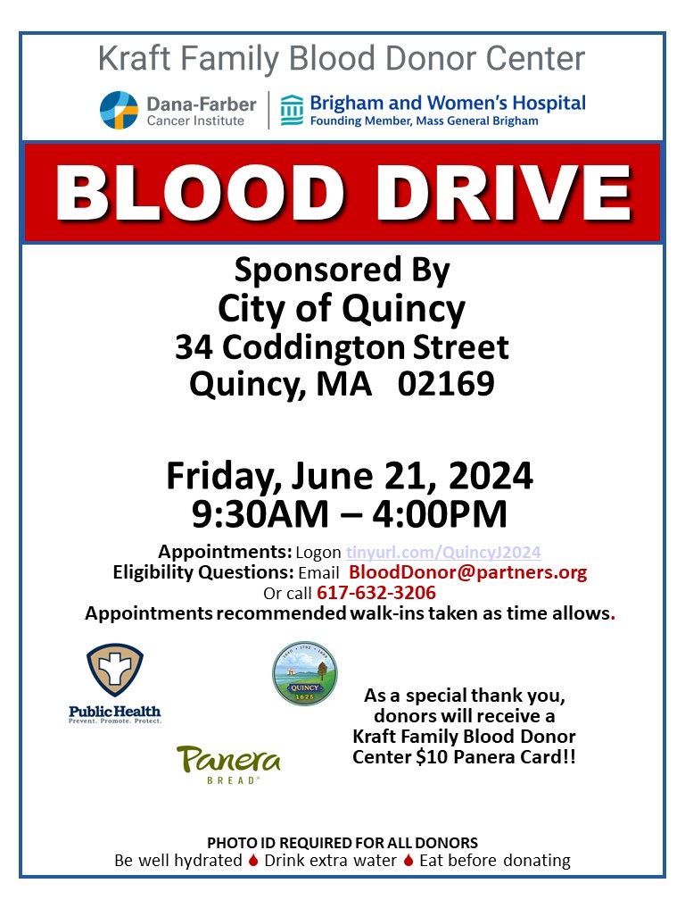 Blood Donors are the lifeline to our local community patients.  Help replenish our hospital blood supply by donating blood today.  Our bloodmobile will be going to Quincy, June 21, 2024.  Please make an appointment 
today.