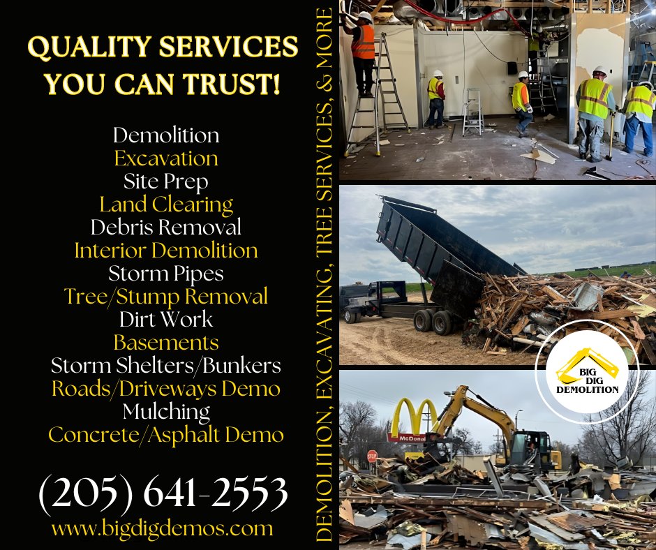 BigDigDemo's tweet image. Quality services you can trust! Get your construction project off to a great start with our demolition and excavating services. Call today! #demolitionservices #demolitionman #buildingdemolition #excavating #ExcavatingServices #excavation #treeremoval #locallyowned #calltoday