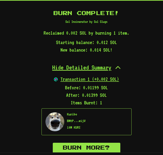KuriSolana's tweet photo. ANOTHER 1% OF SUPPLY BURNT ($1500), THE REST WILL BE USED FOR MARKETING. #KURI #SOLANA https://t.co/iZvF3eUFmH