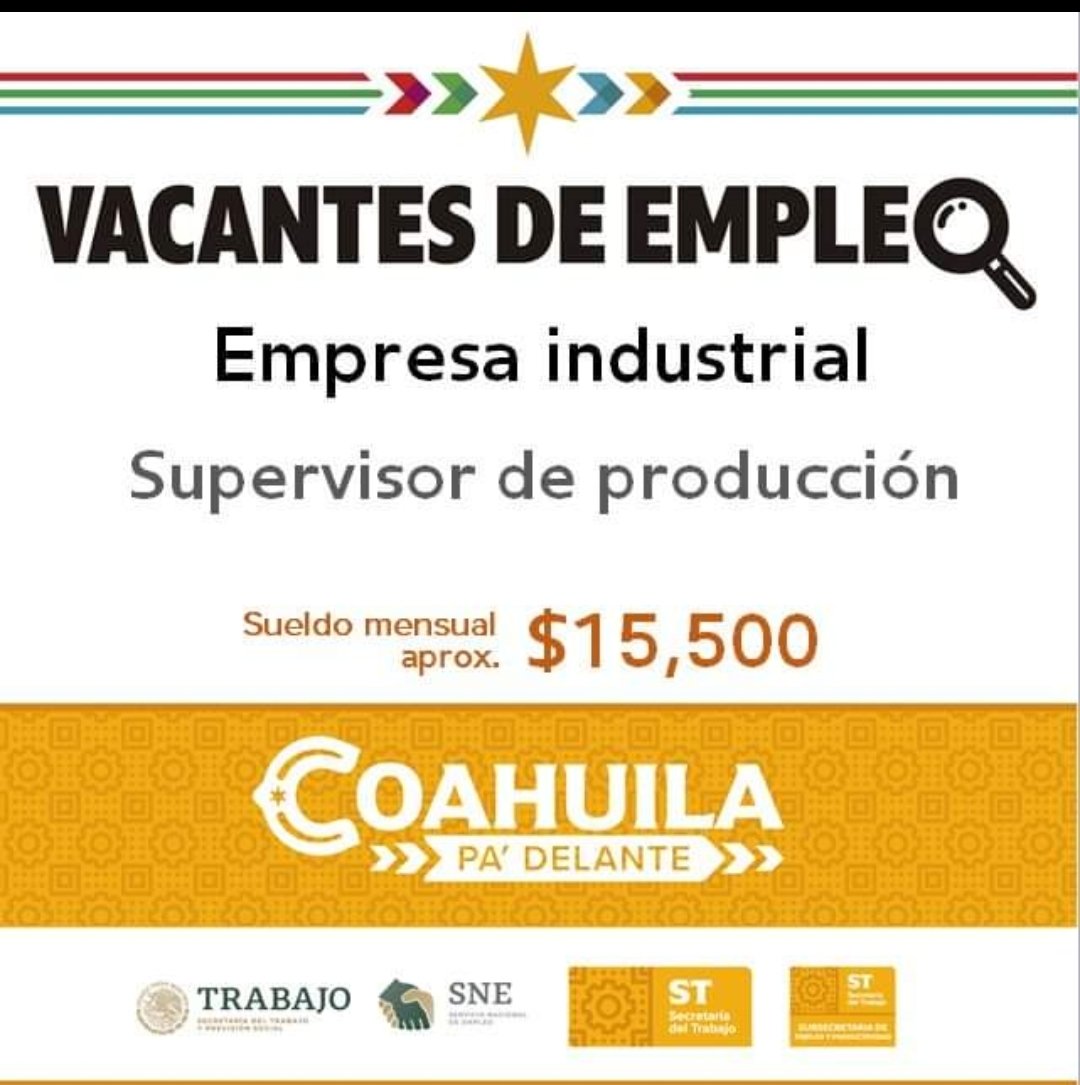 #VacanteDeEmpleo #RegiónNorte
Informes: 📞 878 782 3858 / 878 782 3896
📌 Servicio de Empleo Coahuila #PiedrasNegras
Juárez 209 Ote. Esquina Padre de las Casas, Zona Centro.

#CoahuilaPaDelante #APasosDeGigante 
#SNEparaTodos