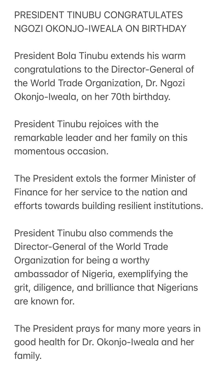 NOIweala's tweet photo. I would like to thank H.E President Bola Ahmed Tinubu @officialABAT for his warm and generous message on my 70th birthday. It’s been an honor and a privilege to serve the nation. 

https://t.co/apNon4RJ6i https://t.co/0vB3b8MdV3