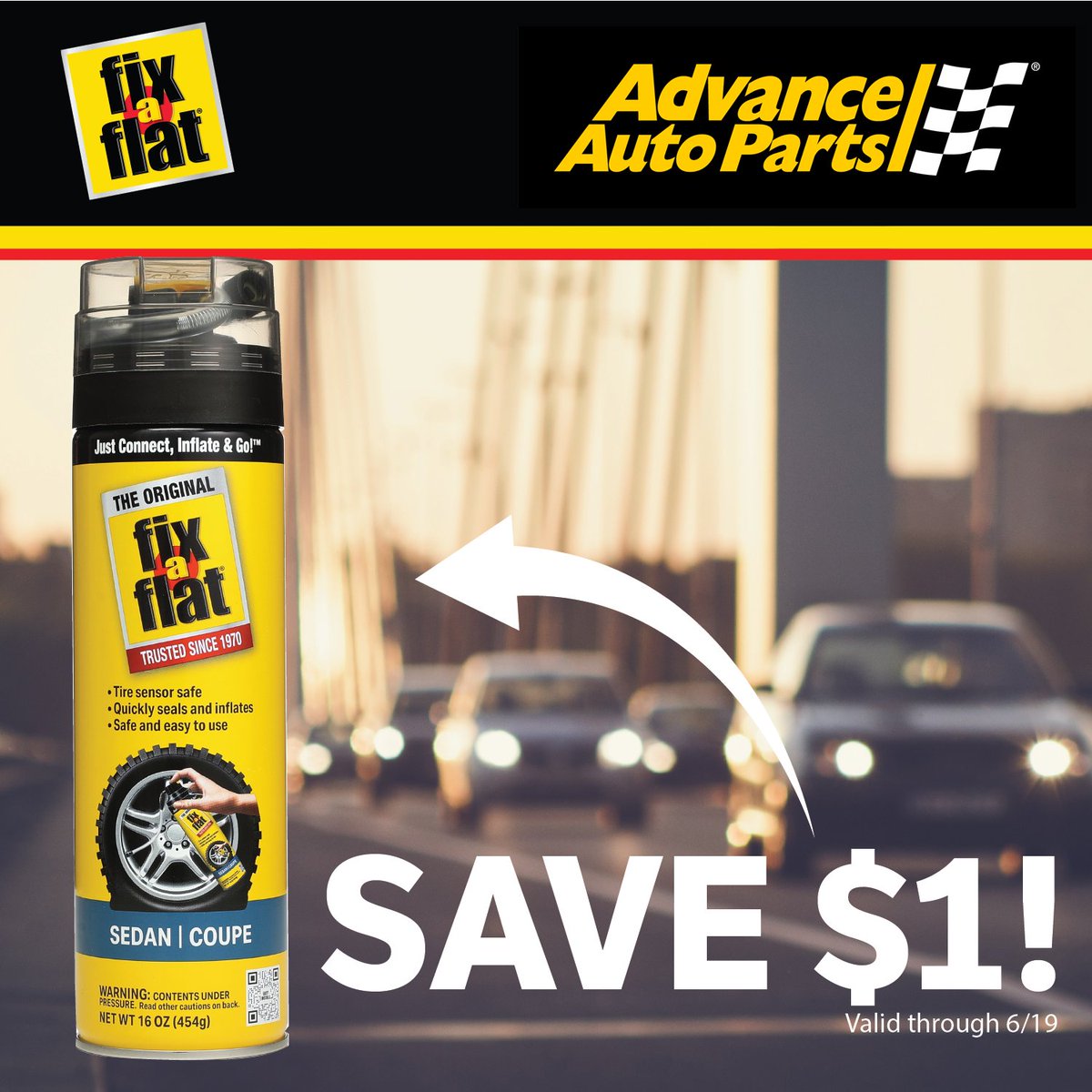 fixaflat's tweet photo. Before you head out on your Summer Road Trip, be sure to pack a can of Fix-a-Flat! On sale now at @advanceauto! https://t.co/FCXMapenyZ