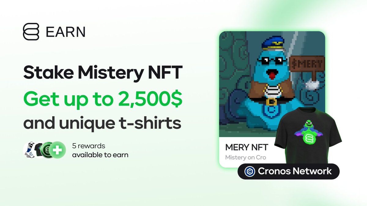 itsearnnetwork's tweet photo. That’s happening! @Misteryoncro NFTs can now be staked on Earn Network 🚀

📍 https://t.co/BCjmOuMQwT

We have also prepared something special for all #crofam

Apart from $MERY staking rewards, you can get a unique real t-shirt highlighting our collaboration. Learn more below ⬇️ https://t.co/iceFLyV5QL