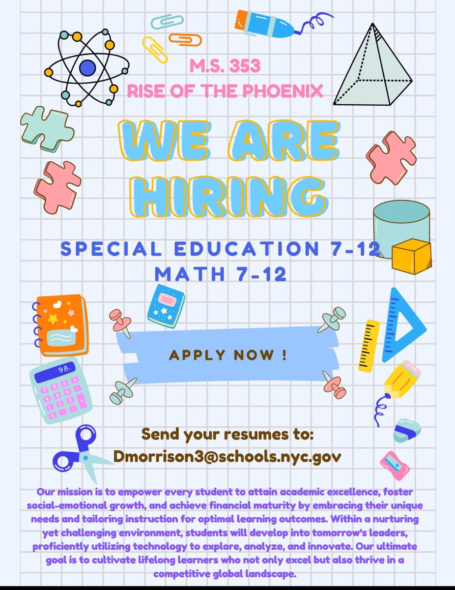 We are hiring <a href="/MS353Brooklyn/">MS353</a> <a href="/nycmenteach/">NYC Men Teach</a> <a href="/UFT/">UFT</a> <a href="/NYCTCP/">Teacher Leadership NYC Public Schools</a> @TeachForAmerica <a href="/TeachingFellows/">Teaching Fellows</a> <a href="/nyuniversity/">New York University</a> <a href="/TeachersCollege/">Teachers College, Columbia University</a> <a href="/CEC17NYC/">CEC17</a>