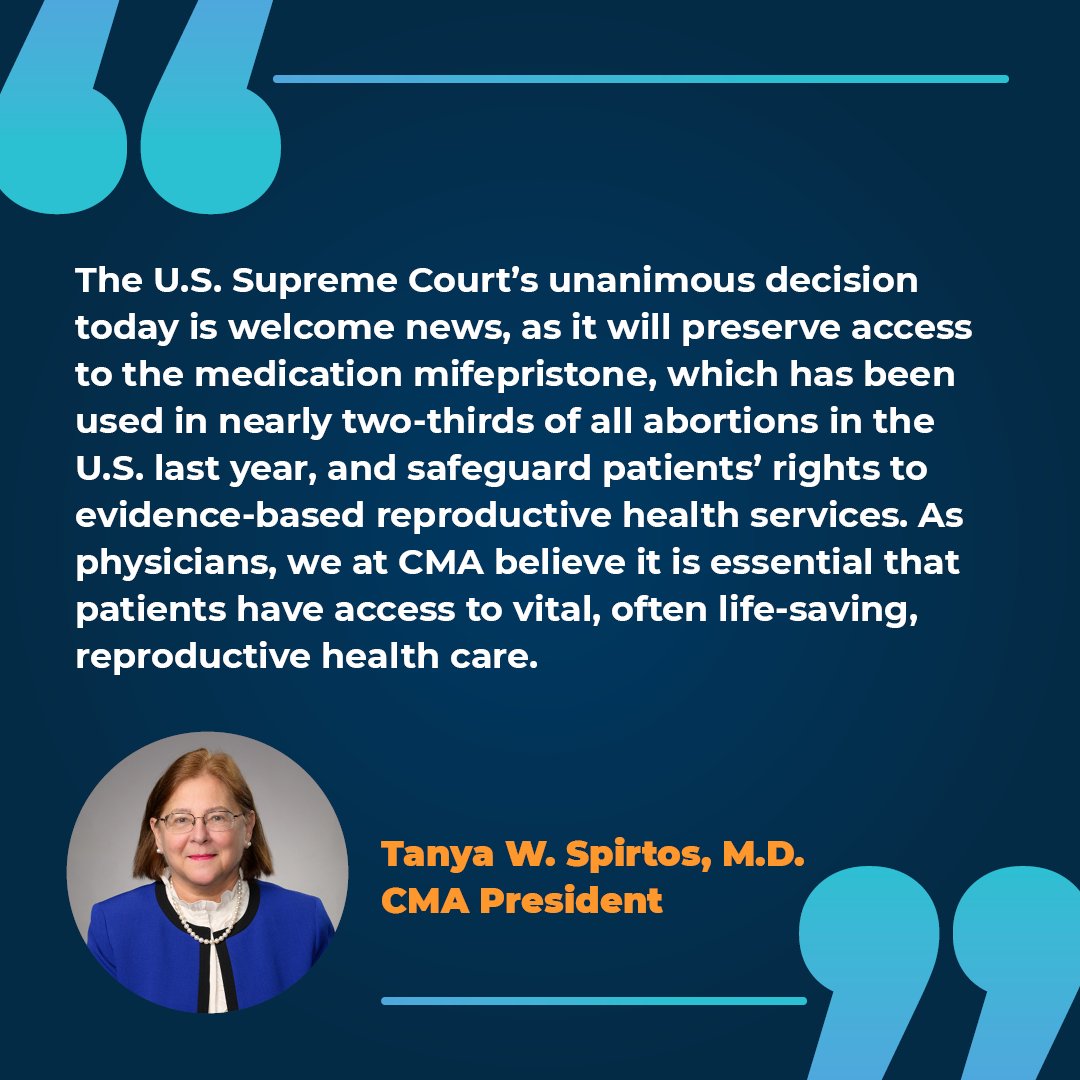"Limiting the availability of #mifepristone would have had devastating health impacts," says #CMADocs President Dr. Tanya W. Spirtos. "CMA is pleased the Supreme Court has rejected this attempt to interfere with the FDA approval process." 
cmadocs.org/newsroom/news/…