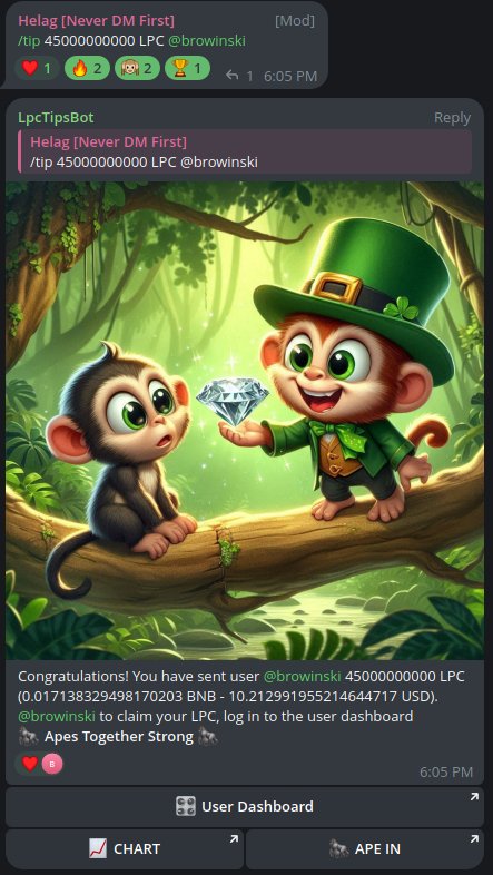 LeprechaunBSC's tweet photo. Today, we launched our next bot! 🥳@LpcTipsBot enables sending tips in cryptocurrencies. 
Join our TG group and test it out
👉https://t.co/KRtLjWAjfD 
Thank you for your support and trust!
 🦍Apes Together Strong 🦍#lpc #crypto #telegram #gem https://t.co/S9L4qvxfSE
