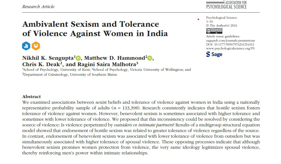 Nikhil Sengupta (@psychsengupta) on Twitter photo Out now in <a href="/PsychScience/">Association for Psychological Science</a> 👇
A largesale analysis in India showing that benevolent sexist attitudes which say that "women should be protected by men" can actually justify violence within intimate relationships
journals.sagepub.com/doi/10.1177/09…
#sexism #domesticviolence #genderequality Out now in <a href="/PsychScience/">Association for Psychological Science</a> 👇
A largesale analysis in India showing that benevolent sexist attitudes which say that "women should be protected by men" can actually justify violence within intimate relationships
journals.sagepub.com/doi/10.1177/09…
#sexism #domesticviolence #genderequality