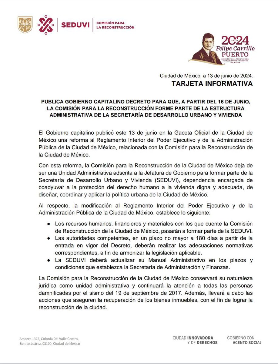 MetropolisCDMX's tweet photo. #TarjetaInformativa | Publica el @GobCDMX decreto para que, a partir del 16 de junio, la @Comision_CDMX 
forme parte de la estructura administrativa de la @seduviCDMX 

Consulta la #GacetaOficial ▶️ https://t.co/nMNIrYvjIj 

@jabnelym 
@IntiMunoz https://t.co/7U0Szf0IzW