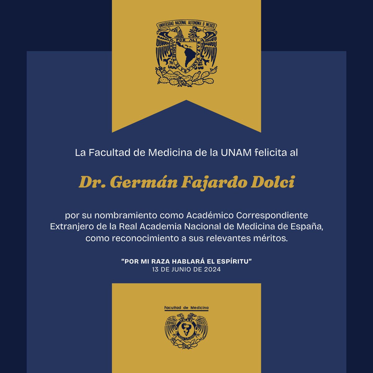Felicitamos al Dr. German Fajardo Dolci, titular de la <a href="/DGAS_UNAM/">Dirección General de Atención a la Salud, UNAM</a> y presidente de la <a href="/ANacionalMed/">Academia Nacional de Medicina de México</a>, por su nombramiento como Académico Correspondiente Extranjero de la <a href="/ranm_es/">RANME</a> , en reconocimiento a sus grandes aportaciones como médico, profesor e investigador. 
<a href="/germanfajardo/">Germán Fajardo Dolci</a>