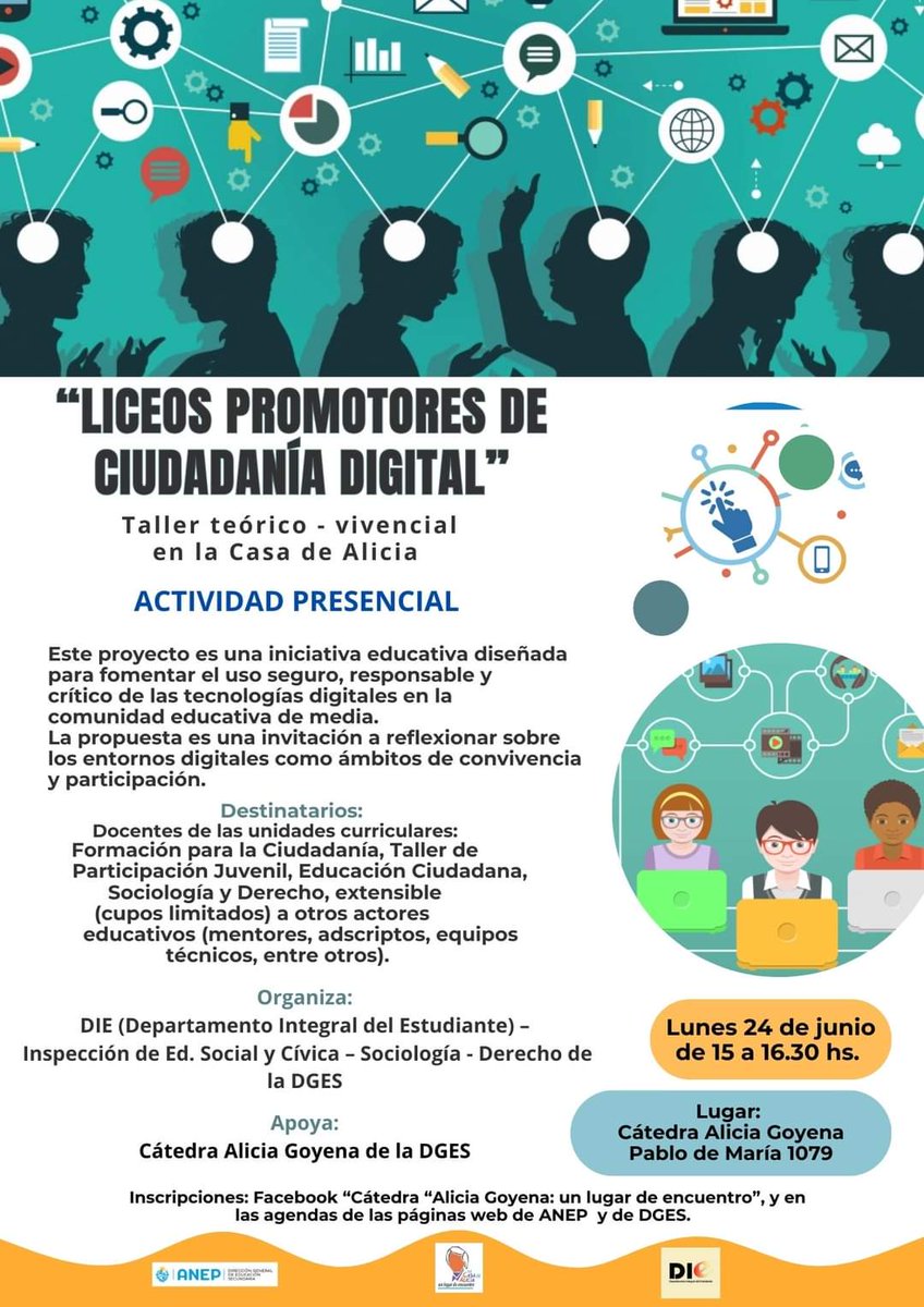 Lunes 24/6, de 15 a 16.30 hs. Actividad PRESENCIAL en La Casa de Alicia ( Pablo de María 1079). Inscripciones abiertas. Cupos limitados.
<a href="/ANEP_Uruguay/">ANEP</a> <a href="/dges_Uruguay/">Educación Secundaria</a>