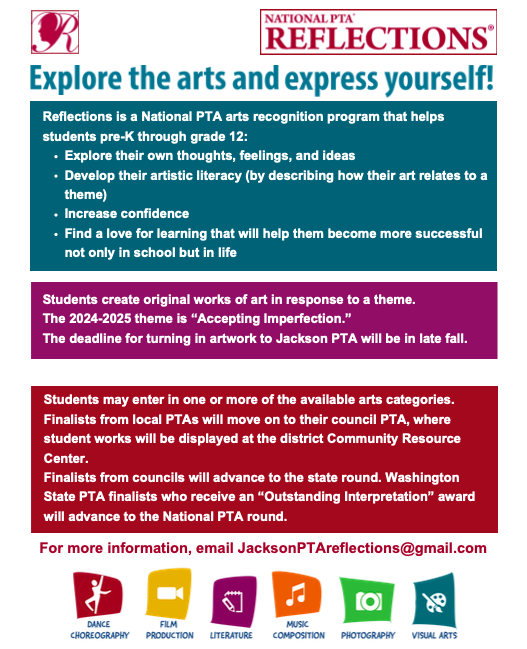 JacksonElemPTA's tweet photo. We're excited to relaunch the Reflections program next fall and want you all to know more and to encourage your student(s) participation in this amazing opportunity to exhibit their artistic talents!
More details to come in September! https://t.co/Xtw4CjMzyu