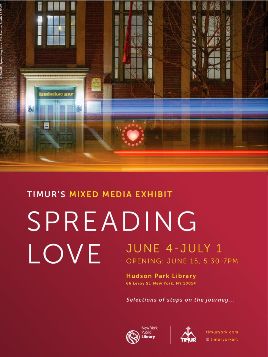 theARTDEX's tweet image. 📢 Exciting News for #ARTDEX member artist TIMUR, a talented Brooklyn-based multidisciplinary artist with roots in Uzbekistan! The NYPL presents &quot;Spreading Love,&quot; opening June 15, this Saturday 2-4pm at Hudson Park Library! 🌟🖼️ ##TimurYorkArt #SpreadingLove #NYPLExhibit