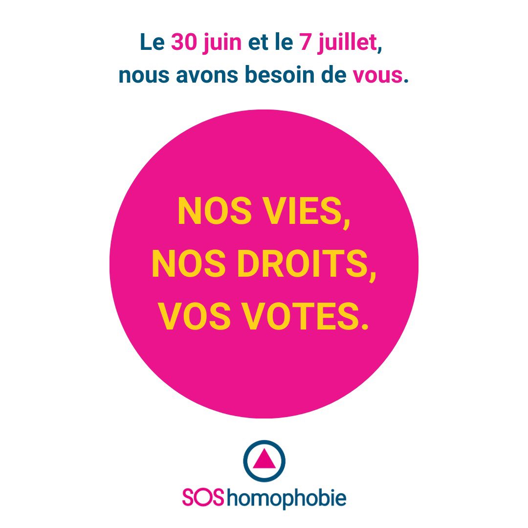 Chaque vote compte, chaque voix est essentielle.

Dans un contexte où l’extrême droite pourrait accéder au pouvoir, votre participation est cruciale. Défendons ensemble nos valeurs, nos libertés, et notre avenir.

Votez pour un futur inclusif le 30 juin et le 7 juillet.

#lgbt