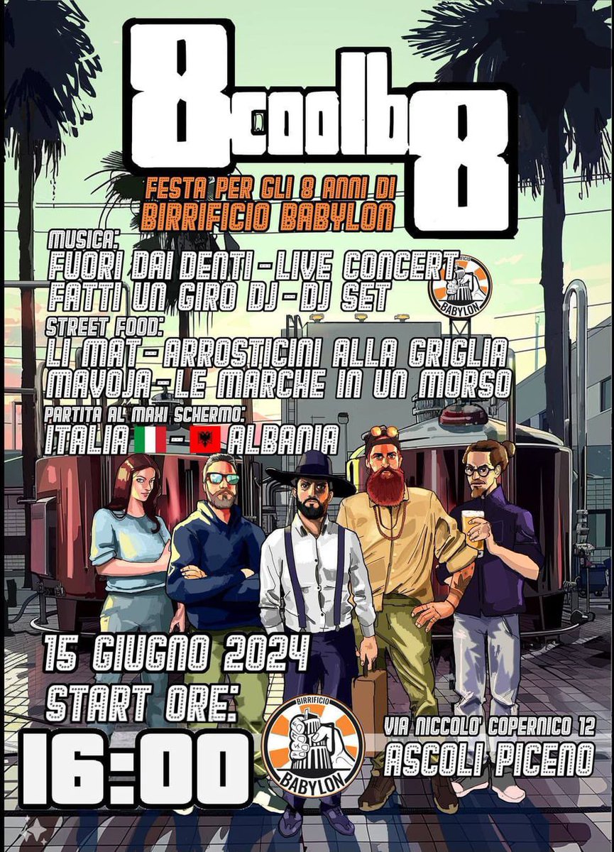 BabylonBrew's tweet photo. 8COOLB8 💣💥
🥳
PROGRAMMA:
.
Apertura Spine ore 16:00
.
ARROSTICINI con @li_mat_ 🍢🍗
STREET FOOD MARCHIGIANO con @mavojafood 🍔🍟
.
CONCERTO con i @fuoridaidentist 🎸 
EUROPEI DI CALCIO Italia 🇮🇹- Albania 🇦🇱 ⚽️
.
DJ SET con @fatti1giro 🎧🎶
.
Chiusura Spine ORE 2:00 😶‍🌫️ https://t.co/9fydLFTNGq