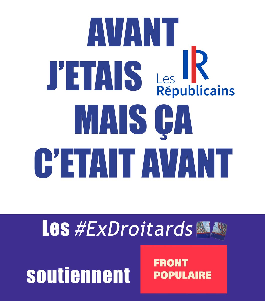 ANNONCE OFFICIELLE : Le mouvement des #ExDroitards apporte son soutien au front populaire.

Suite à la trahison d'Eric Ciotti , nous, anciens Républicains, nous désolidarisons de notre ancien parti et apportons notre soutien au front populaire.