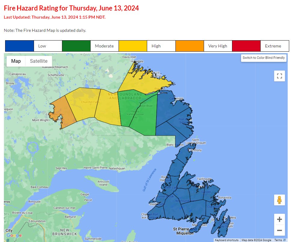 Today's forest fire rating is HIGH &amp; VERY HIGH in parts of Labrador. Check for updates &amp; please use caution. Fire Hazard Actual: bit.ly/3uZiaEF
Fire Hazard Forecast: bit.ly/3bK7GSK  
Report a wildfire: 1-866-709-FIRE (3473) #nlwx #GovNL