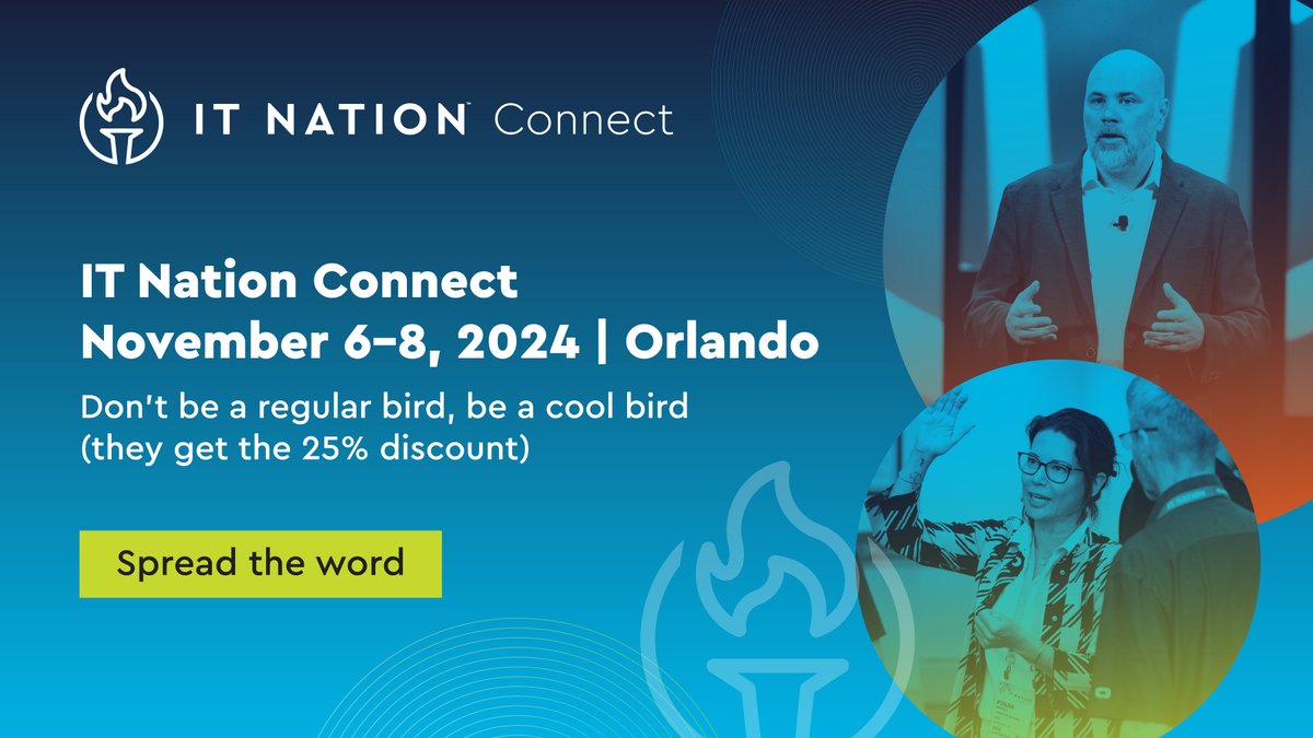 Who wants to be a regular bird when you could be an early bird, or better yet - a frugal early bird?

Join the waitlist for IT Nation Connect by July 8 for 25% off your all-access pass! ms.spr.ly/6015YvxFS