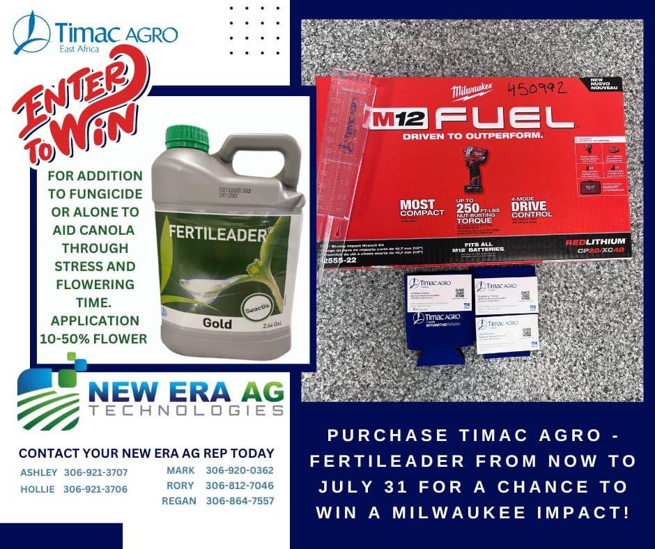 New Era Ag in partnership with <a href="/TimacAgroCanada/">Timac Agro Canada</a> <a href="/MThomasTimacAg/">Madeleine Thomas</a> has another fantastic draw this summer.  💥With the purchase of Ferileader your name will automatically go in the draw for this Milwaukee impact.  💥 Details below