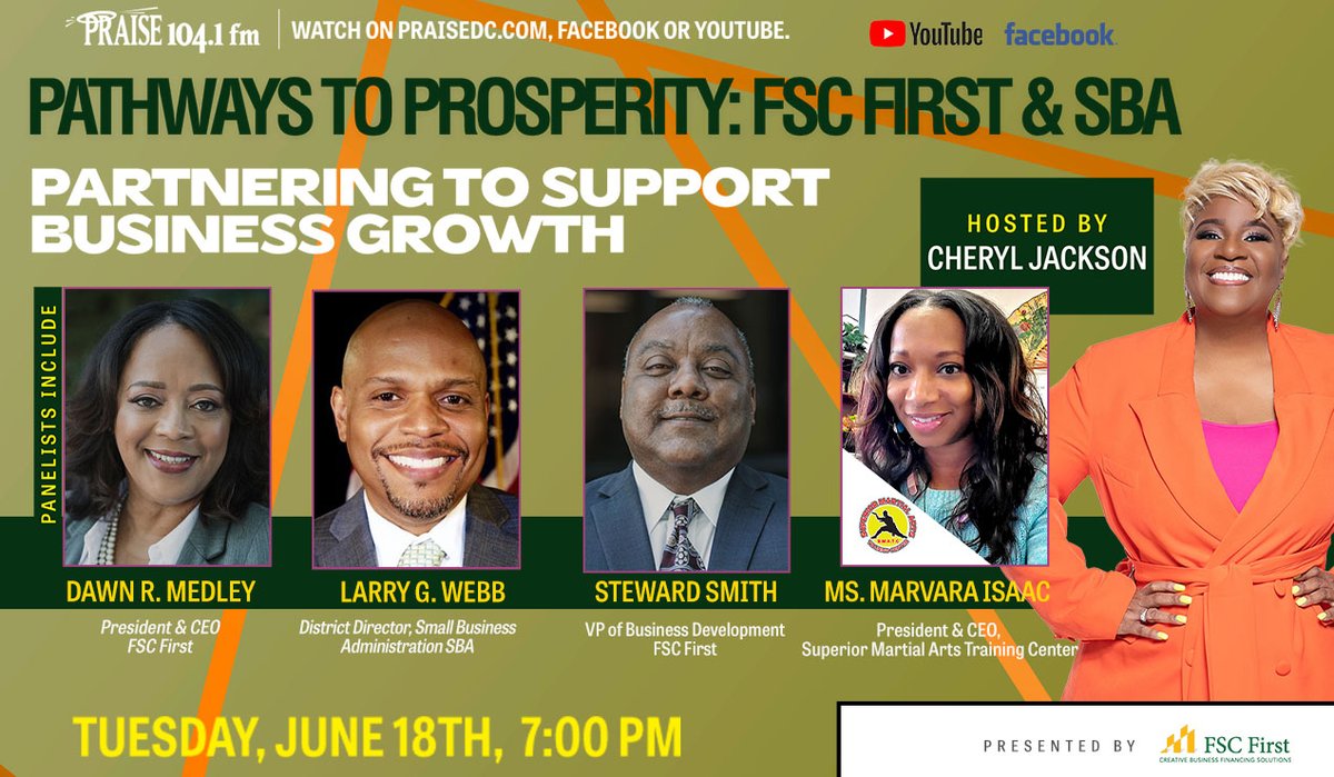 Exciting announcement: FSC First is hosting another virtual town hall on 6/18, at 7 PM! Tune into Praise DC 104.1 FM to watch “Pathways to Prosperity: FSC First &amp; SBA Partnering to Support Business Growth.”

For more information, visit praisedc.com/events/pathway….