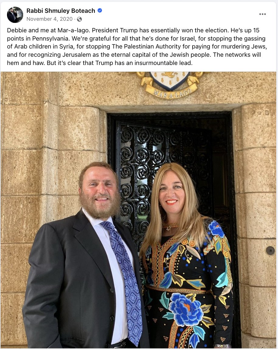 mtracey's tweet photo. Rabbi Shmuley on Trump:

"To be a Jew is to almost expect bigotry, double-standards, and prejudice. To be a Jew is to accept the unbelievable fact that in the lifetime of my parents six million Jews were murdered by firing squads and poison gas. To be a Jew is to live with the almost daily vilification of Israel, the world’s only Jewish state.

On to the stage of tragic history rose President Trump with an unfailing defense of our people at every turn. For President Trump proved himself to be the greatest friend of Israel to ever occupy the Oval office."

Shmuley also insisted on one of his trips to Mar-a-Lago that Trump won the 2020 election