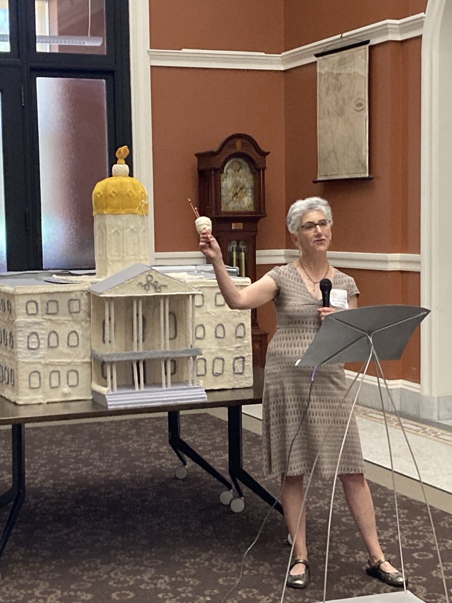 Eve Jacobs Carnahan explains Knit Together project that used knitting circles to gather people to discuss election processes and encourage collaboration on a knit sculpture of the NH State House. #Nhhumanities #nhpolitics #nhcivics #nhstatelibrary
