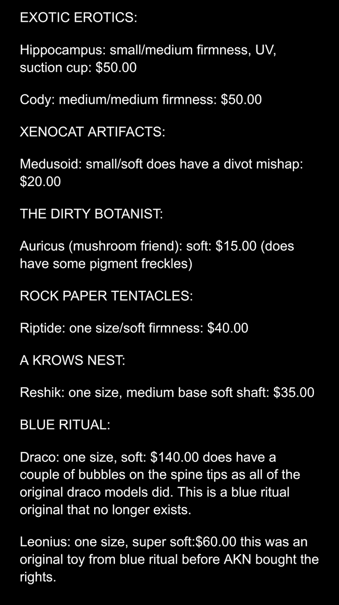 AshesTerrible's tweet photo. Selling off more toys!! Priced them to sell but feel free to message me and send me offers. Shipping is calculated up on request. Smoke free, disease free home. Pets are kept in a separate building. All toys are boiled and washed before shipping!
#secondhandsales #dildo #kink https://t.co/fl5RwdqcdQ