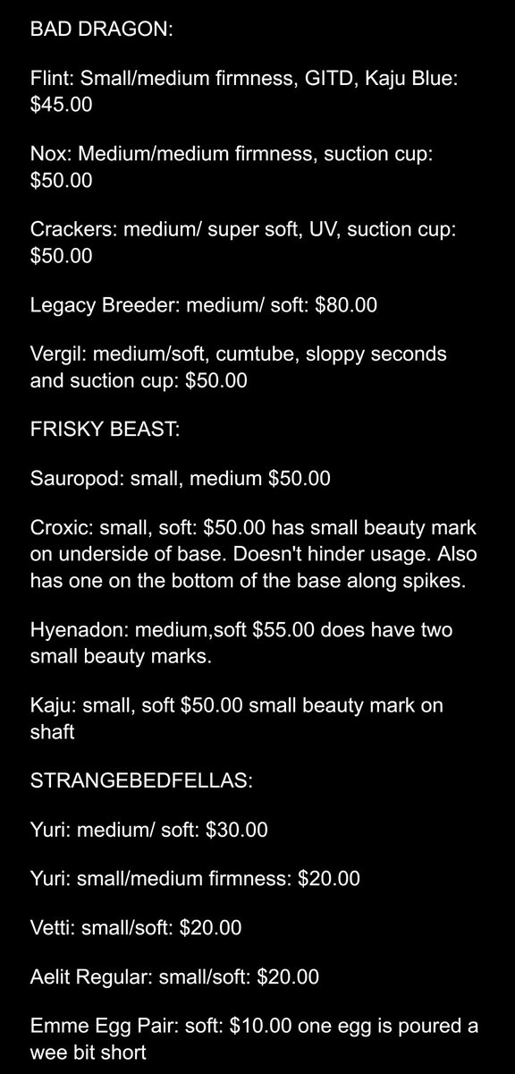 AshesTerrible's tweet photo. Selling off more toys!! Priced them to sell but feel free to message me and send me offers. Shipping is calculated up on request. Smoke free, disease free home. Pets are kept in a separate building. All toys are boiled and washed before shipping!
#secondhandsales #dildo #kink https://t.co/fl5RwdqcdQ