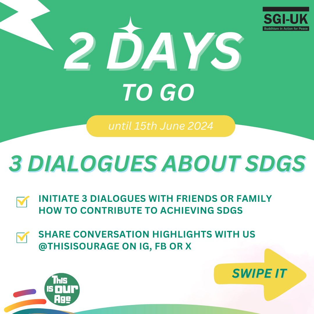 thisisourage_'s tweet photo. 🔔2 days to go! 

Dialogue is a powerful thing. Let's explore how each person can contribute to achieving the SDGs. Share your experiences of dialogue at @thisisourage!🌱📢

This may help: https://t.co/TOfbYc2CVj

#thisisourage #humanisticeducation #sgiuk #freshdeparture https://t.co/m6kbnPjOVK