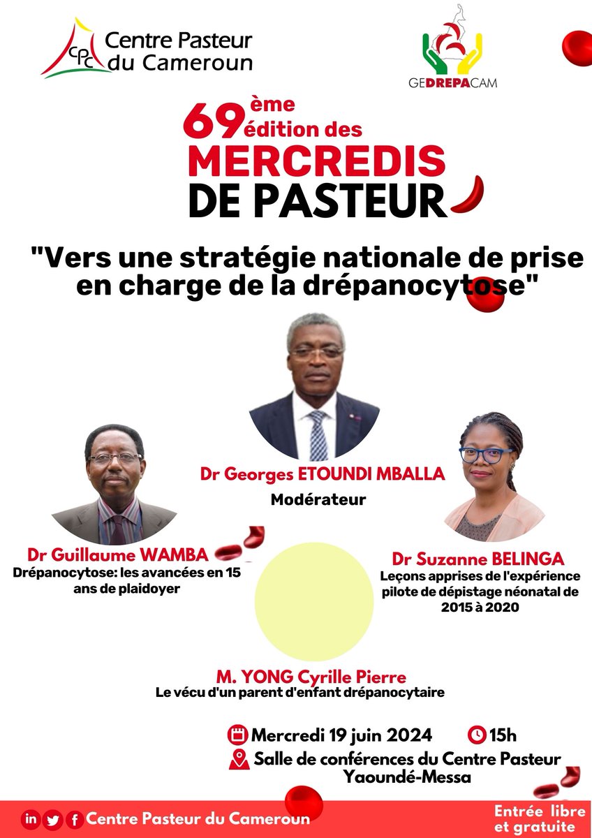 CentrePasteur's tweet photo. le @CentrePasteur vous convie au 69ème #mercredisdepasteur le 19 juin 2024 dans sa salle de conférences à Messa. Nos experts parleront de la mise en place d'une 𝐬𝐭𝐫𝐚𝐭é𝐠𝐢𝐞 𝐧𝐚𝐭𝐢𝐨𝐧𝐚𝐥𝐞 𝐝𝐞 𝐩𝐫𝐢𝐬𝐞 𝐞𝐧 𝐜𝐡𝐚𝐫𝐠𝐞 𝐝𝐞 𝐥𝐚 𝐝𝐫é𝐩𝐚𝐧𝐨𝐜𝐲𝐭𝐨𝐬𝐞 𝐚𝐮 🇨🇲. https://t.co/KKvfe1wfxI
