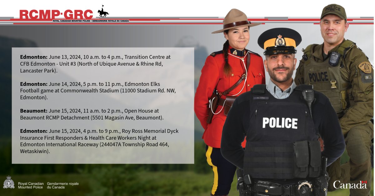 RCMPAlberta's tweet photo. Ready to start your career with Alberta RCMP? Here's where you can find us this week to talk with a recruiter about your future career! https://t.co/1HMsECaBYo