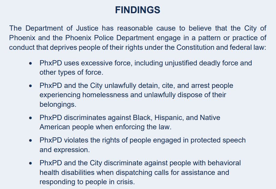 JimmyJenkins's tweet photo. "The Department of Justice has reasonable cause to believe that the City of Phoenix and the Phoenix Police Department engage in a pattern or practice of conduct that deprives people of their rights under the Constitution and federal law." https://t.co/wKB9QBhmNk https://t.co/D3al1PdhEl