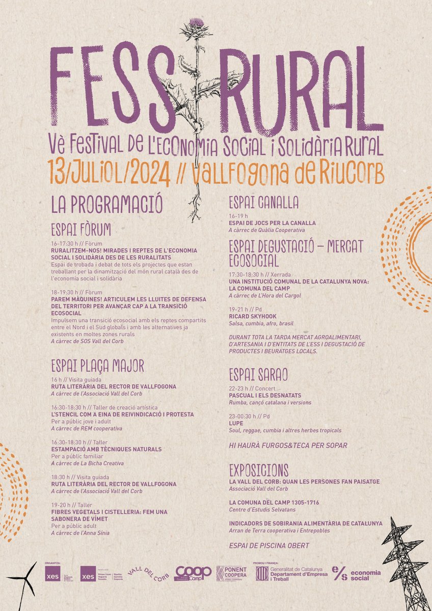 🗒️Presentem el programa del 5è <a href="/fessrural/">FESSrural</a>: 6 espais que acolliran fòrums, tallers, visites guiades, espai de jocs per la canalla, música, mercat ecosocial, exposicions...

📍Per arribar a Vallfogona de Riucorb o conèixer info d'interès de la zona 👉 fessrural.cat