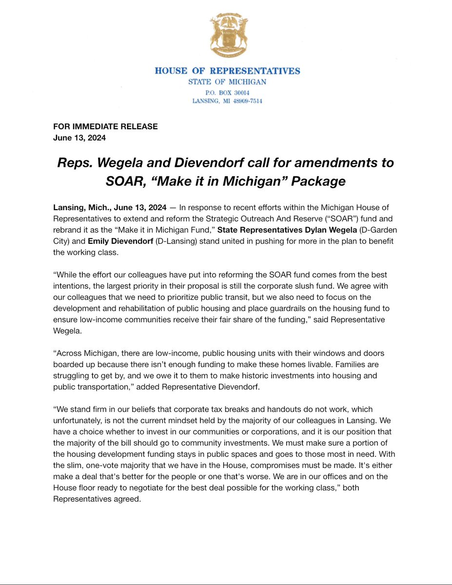 DylanWegela's tweet image. @EmilyDievendorf and I call for amendments to SOAR, “Make it in Michigan” Package. We are ready to negotiate for the best deal possible for the working class. These amendments would move $1.5 Billion from SOAR to Housing and put working-class guardrails on the housing funding.