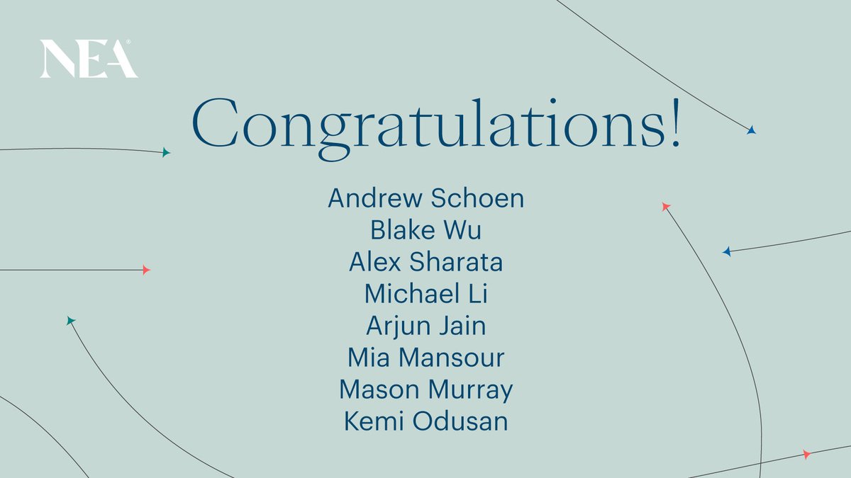 NEA (@nea) on Twitter photo 📰 NEA announces several investing team promotions.
🎉 Congratulations, <a href="/andrewaschoen/">Andrew Schoen</a>, #BlakeWu, <a href="/alex_sharata/">Alex Sharata</a> , <a href="/arjain91/">Arjun Jain</a>, #MichaelLi, <a href="/mia_mansour/">Mia</a>, <a href="/MasonOMurray/">mason murray</a>, <a href="/KemiOdusan/">Kemi Odusan</a>!
nea.com/news/press-rel… 📰 NEA announces several investing team promotions.
🎉 Congratulations, <a href="/andrewaschoen/">Andrew Schoen</a>, #BlakeWu, <a href="/alex_sharata/">Alex Sharata</a> , <a href="/arjain91/">Arjun Jain</a>, #MichaelLi, <a href="/mia_mansour/">Mia</a>, <a href="/MasonOMurray/">mason murray</a>, <a href="/KemiOdusan/">Kemi Odusan</a>!
nea.com/news/press-rel…