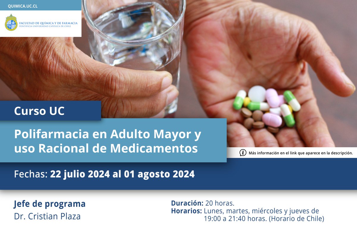 FQuimica_UC's tweet photo. 💊¡Únete al Curso en Polifarmacia en el adulto mayor y uso racional de medicamentos! 

El programa, dirigido por @crplazap, abordará estrategias terapéuticas para optimizar tratamientos farmacológicos y promover el uso racional de medicamentos.

🔗Más info https://t.co/E725zNQr9z https://t.co/kjkf6bXEyg