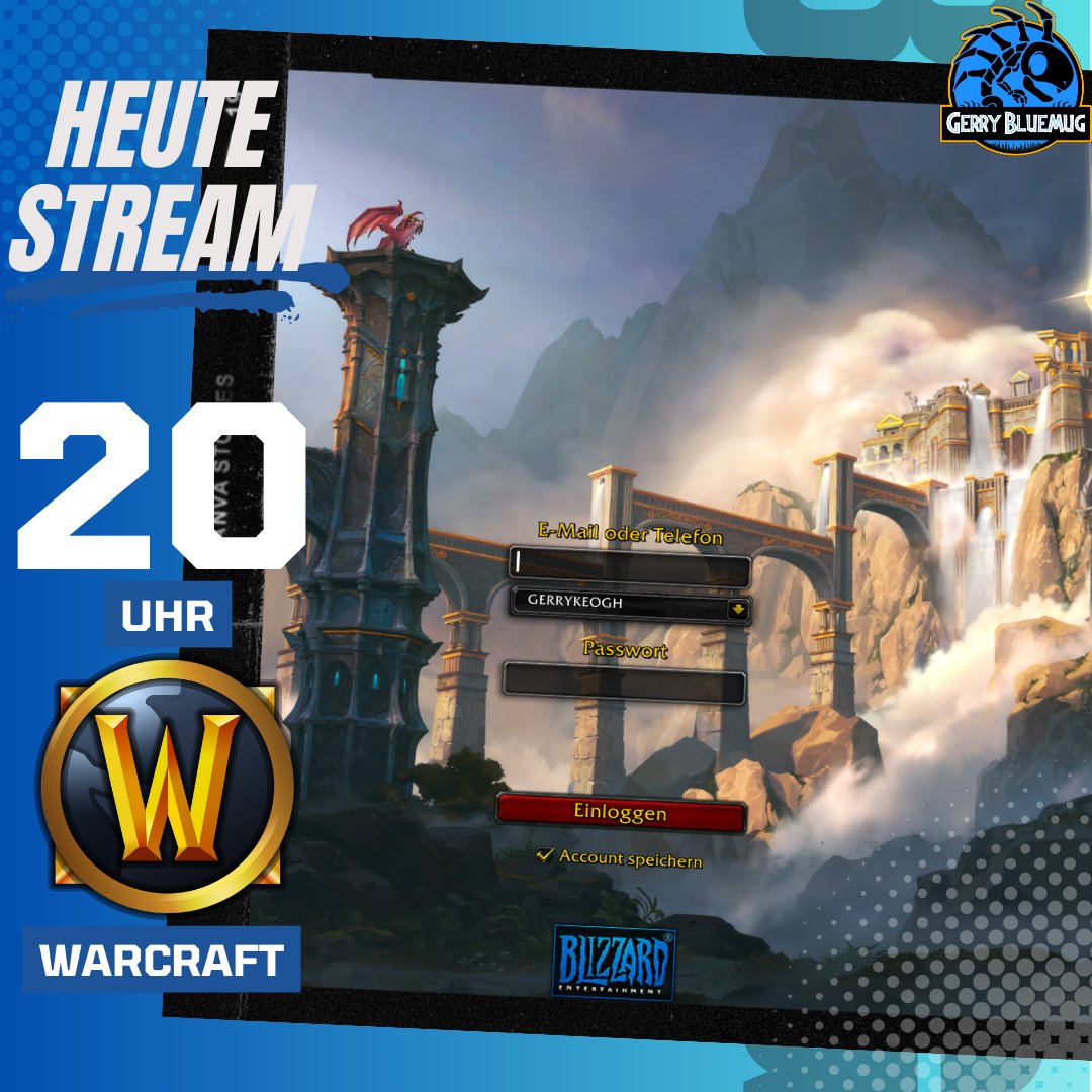 Gleich!
twitch.tv/gerrybluemug 
20:00 Uhr: Musik &amp; Start
20:10 Uhr: Plinkos
20:30 Uhr: 5. Season-6-Challenge: Schnitzeljagd 
Danach: WoW Remix Raiden und Leveln

In der Challenge 100k random Verlosung unter aktiven Teilnehmenden und 50.000 Gold für den Gewinn (Plus SeasonPunkte)
