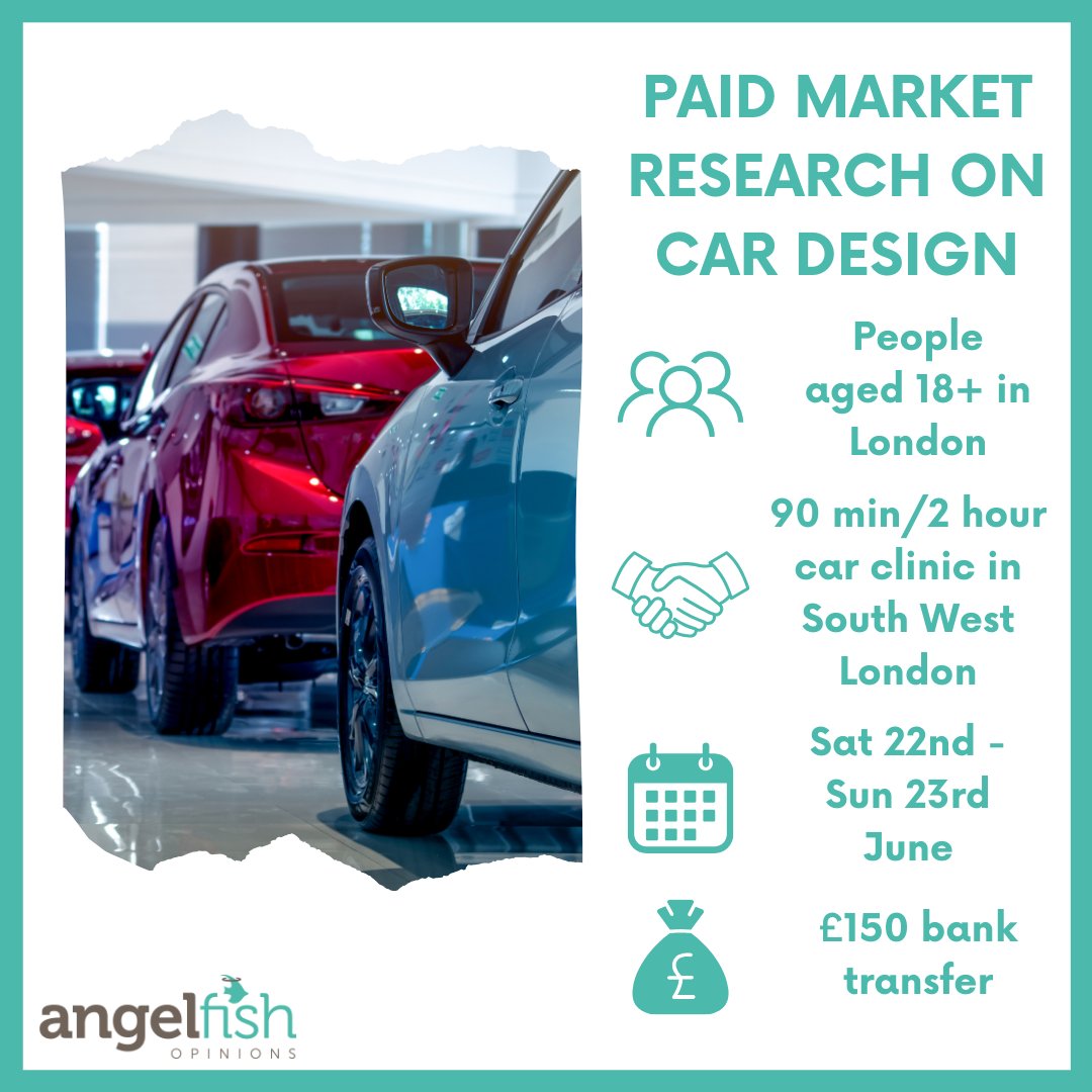 thisisangelfish's tweet photo. We’re looking for drivers in London, to take part give feedback on new vehicle designs and concepts in an in-person car clinic on Sat 22nd/Sun 23rd June for a £150 bank transfer. 

APPLY: https://t.co/7wGXe1kQQQ 

#marketresearch #ukmarketresearch https://t.co/IBlUYfq5LG
