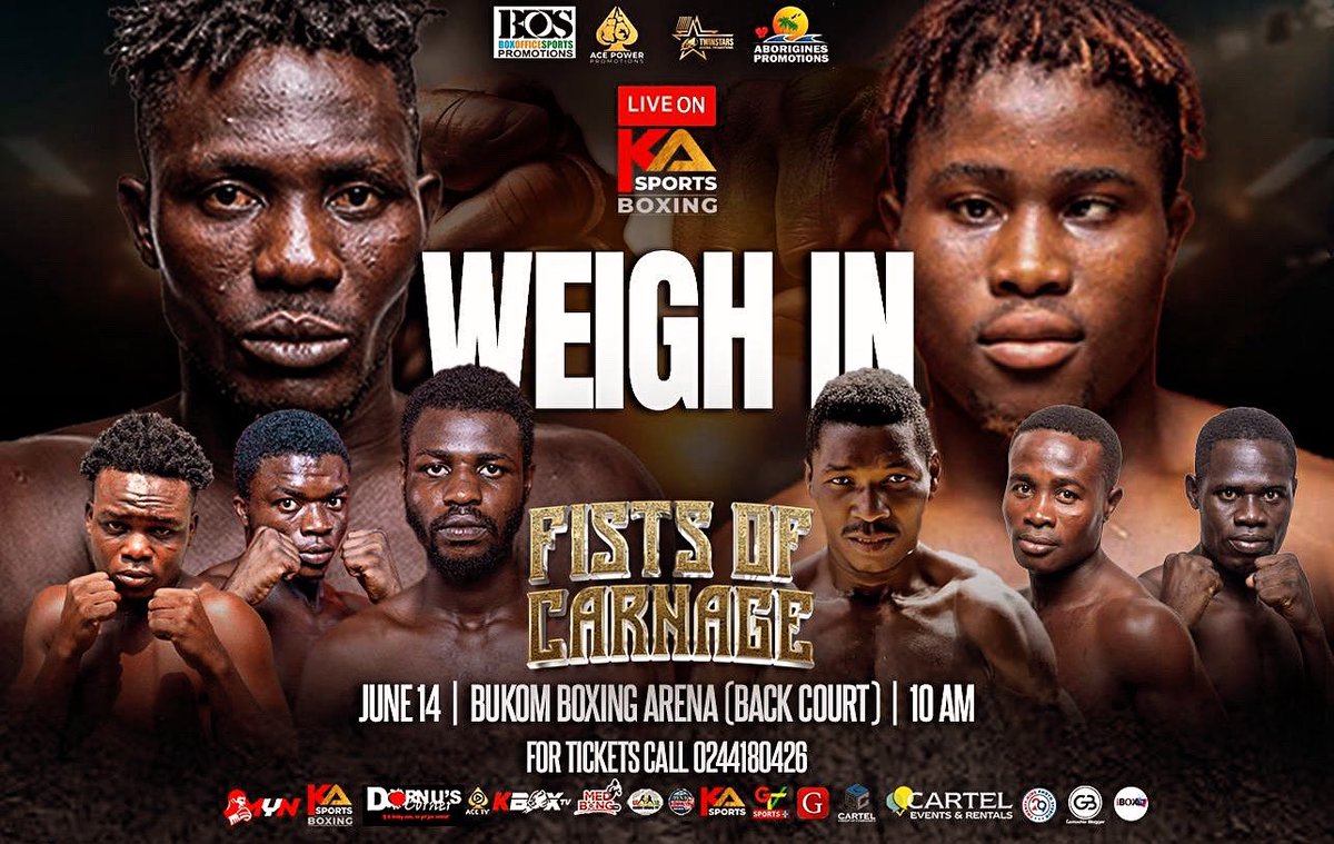 BoxingTwinstars's tweet photo. Get ready for Fists of Carnage weigh in, happening tomorrow at Bukom Boxing Arena, Accra Ghana. #boxing #africanboxing #weighin #boxer #weighinday #fistsofcarnage #twinstarsboxingpromotions #acepowerpromotions #ghanaboxing #ibfcontinentalafrica #boxofficesportspromotions https://t.co/6YbgSCrbOs