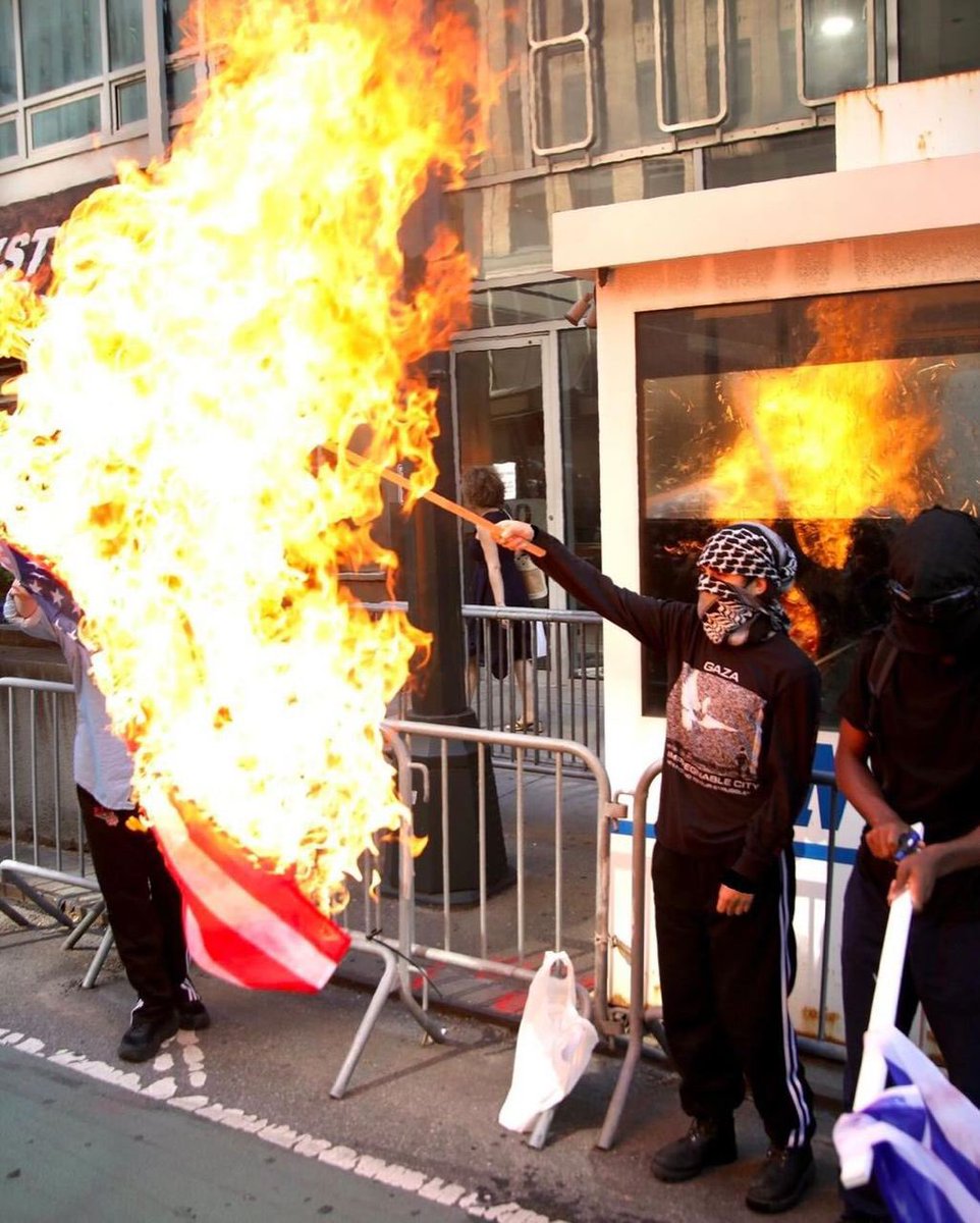 IsraelinNewYork's tweet photo. On Wednesday, outside the Israeli Consulate in NYC, a mob burned both American and Israeli flags. This act shows that hatred towards Israel always accompanies anti-American sentiment. The NYPD has increased security efforts around the consulate to ensure the safety of our community. ๐ฎ๐ฑ๐บ๐ธ